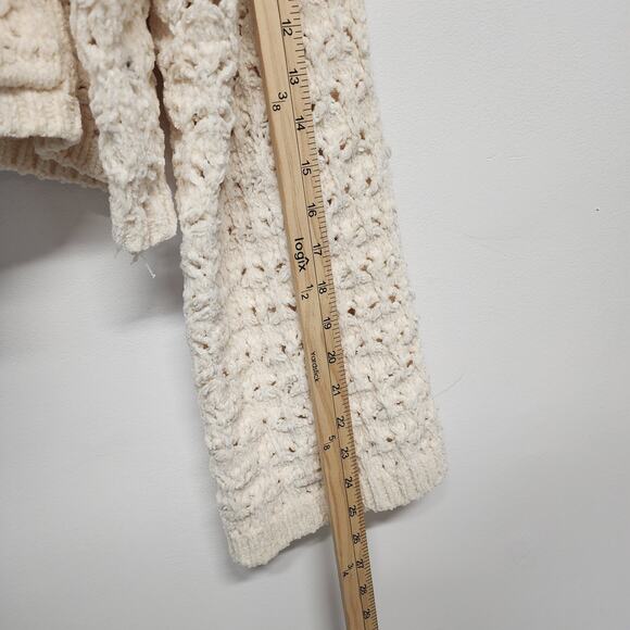 POL Flare Sleeve Oversized Sweater Size L Cream Crop Pointelle Hooded Chenille - Picture 9 of 14